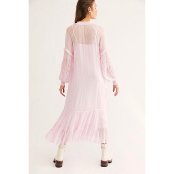 $198 FREE PEOPLE BLOUSON MIDI DRESS NEW PINK SHEER SILKY NEW MAXI LARGE - Picture 3 of 11